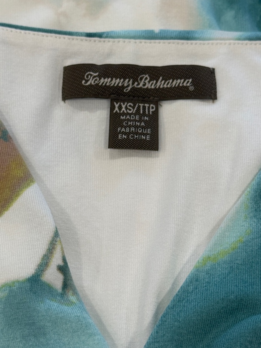 Tommy Bahama White, Teal, Green Floral Faux Wrap Ruched Dress Fully Lined 
-XXS - Picture 3 of 11